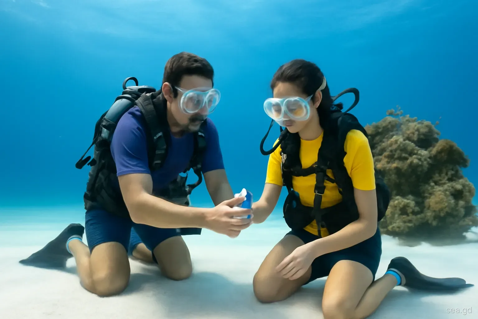 Dive instructor and student kneeling on white sand at 12 metres practising a skill beside a coral bommie off Grenada, eye-level underwater view, soft blue light
