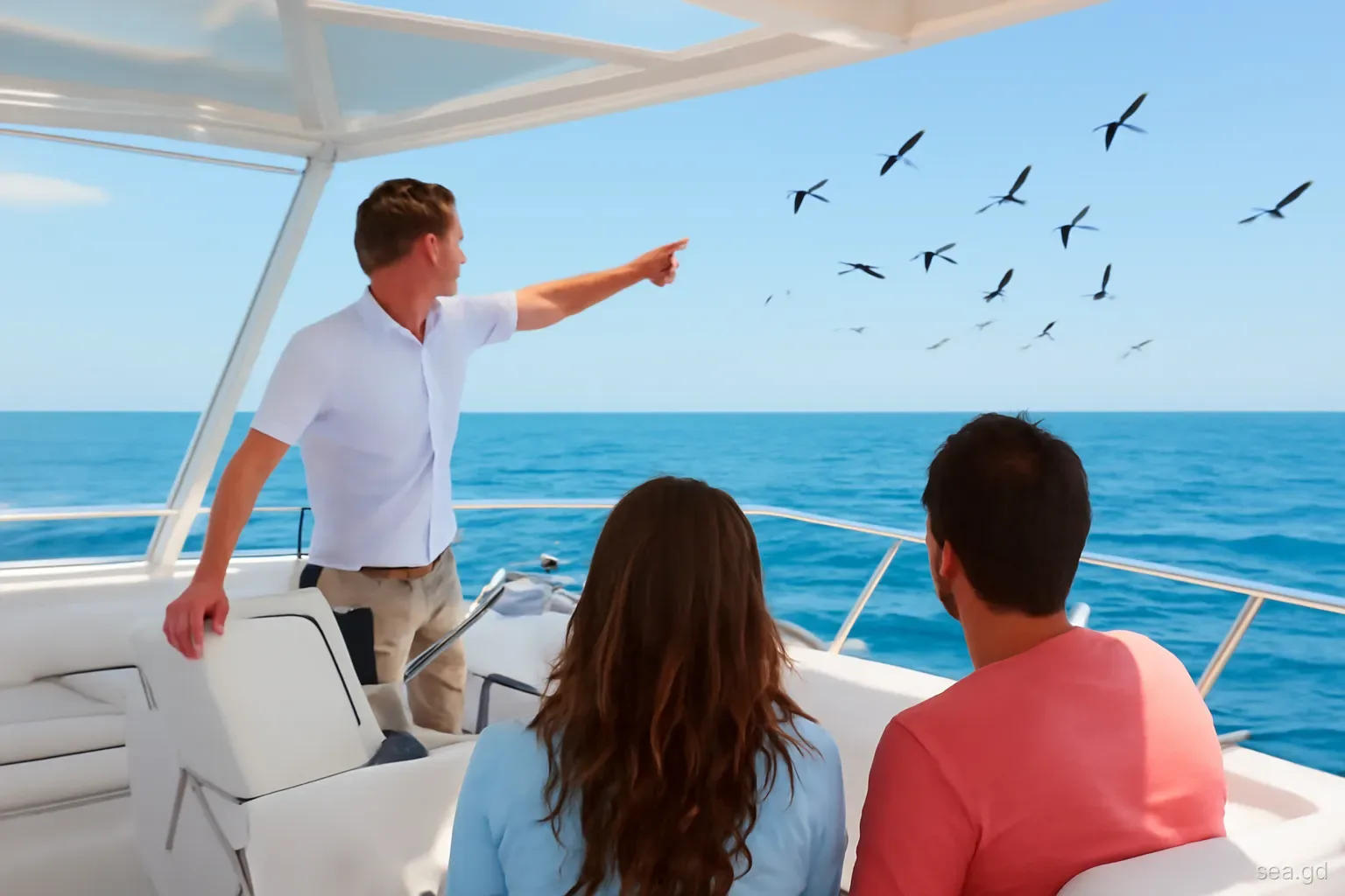 Charter skipper on a flybridge pointing toward a flock of diving seabirds while two guests watch from the cockpit, open sea off Grenada, over-the-shoulder view, bright morning