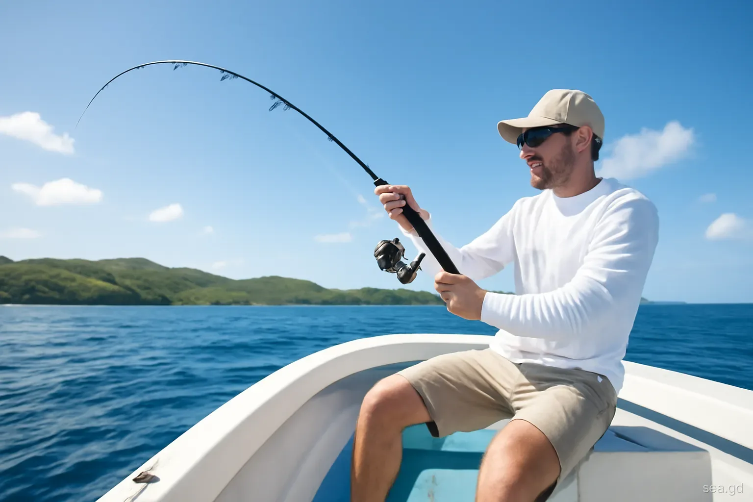 Angler cranking a bent jigging rod over the side of a small open boat above deep blue water, Grenada's green hills behind, low angle from the deck, afternoon light
