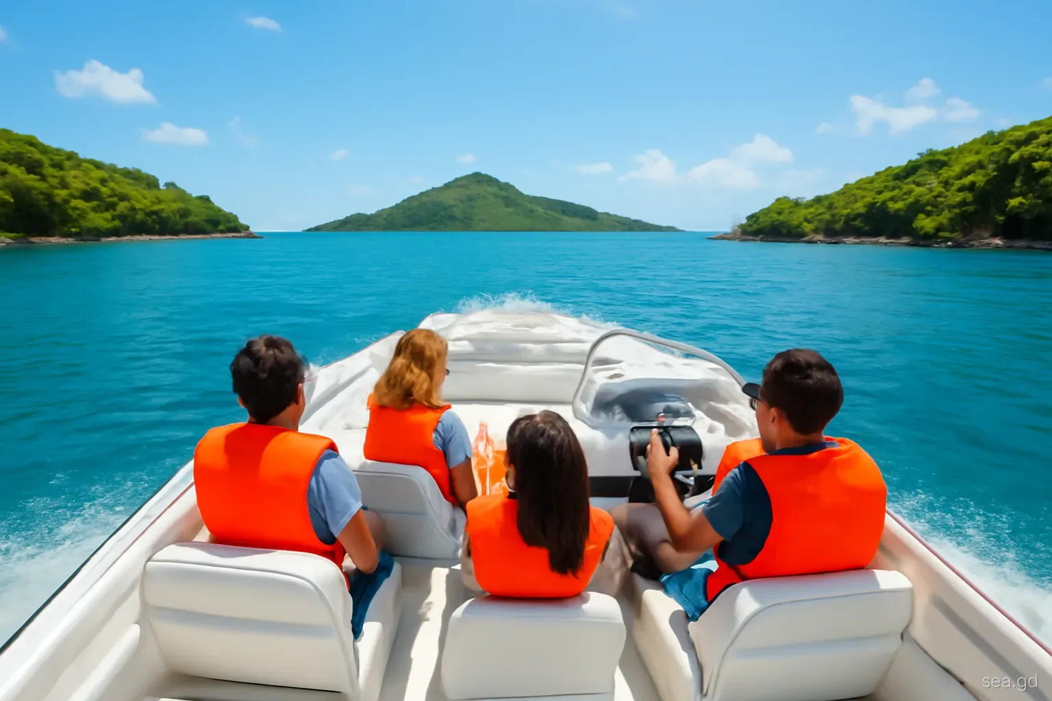 Open speedboat crossing calm blue water between small green Grenadine islands, Petite Martinique hill in the distance, passengers in life vests, wide angle from the stern