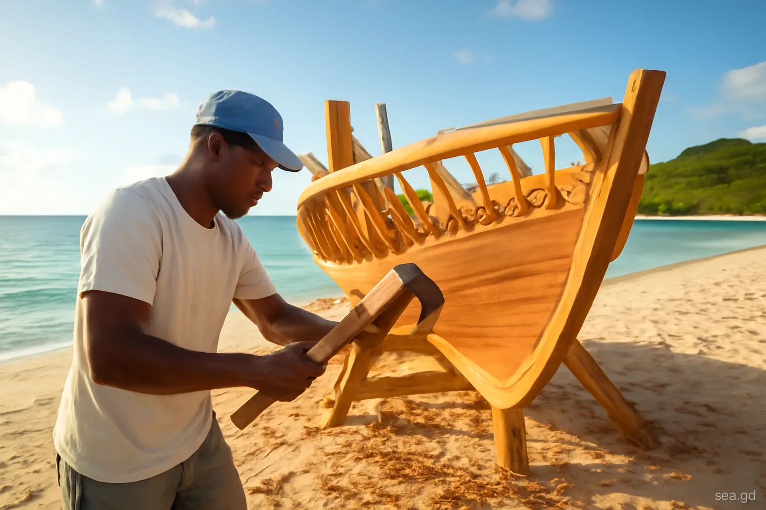 Wooden sloop hull in frames on a beach at Windward, Carriacou, shipwright shaping a plank with an adze, wide angle, golden afternoon light