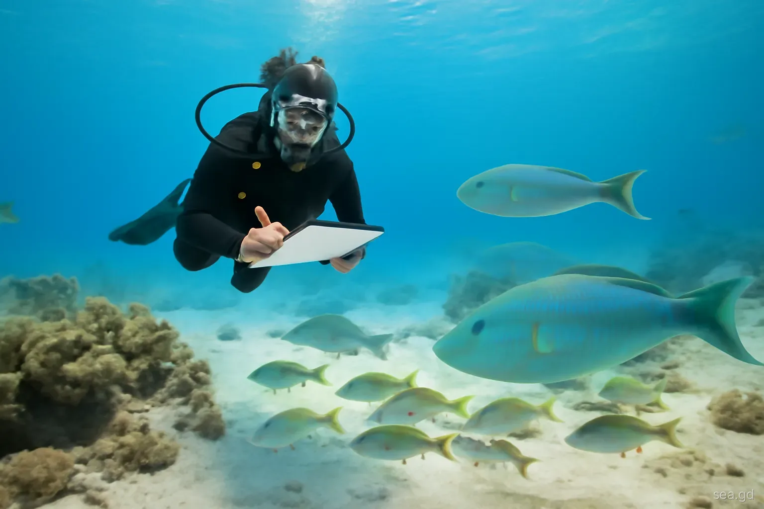 Diver hovering over a sandy reef patch holding a slate and pencil, recording parrotfish and grunts swimming by, Grenada west coast, blue water, wide underwater shot