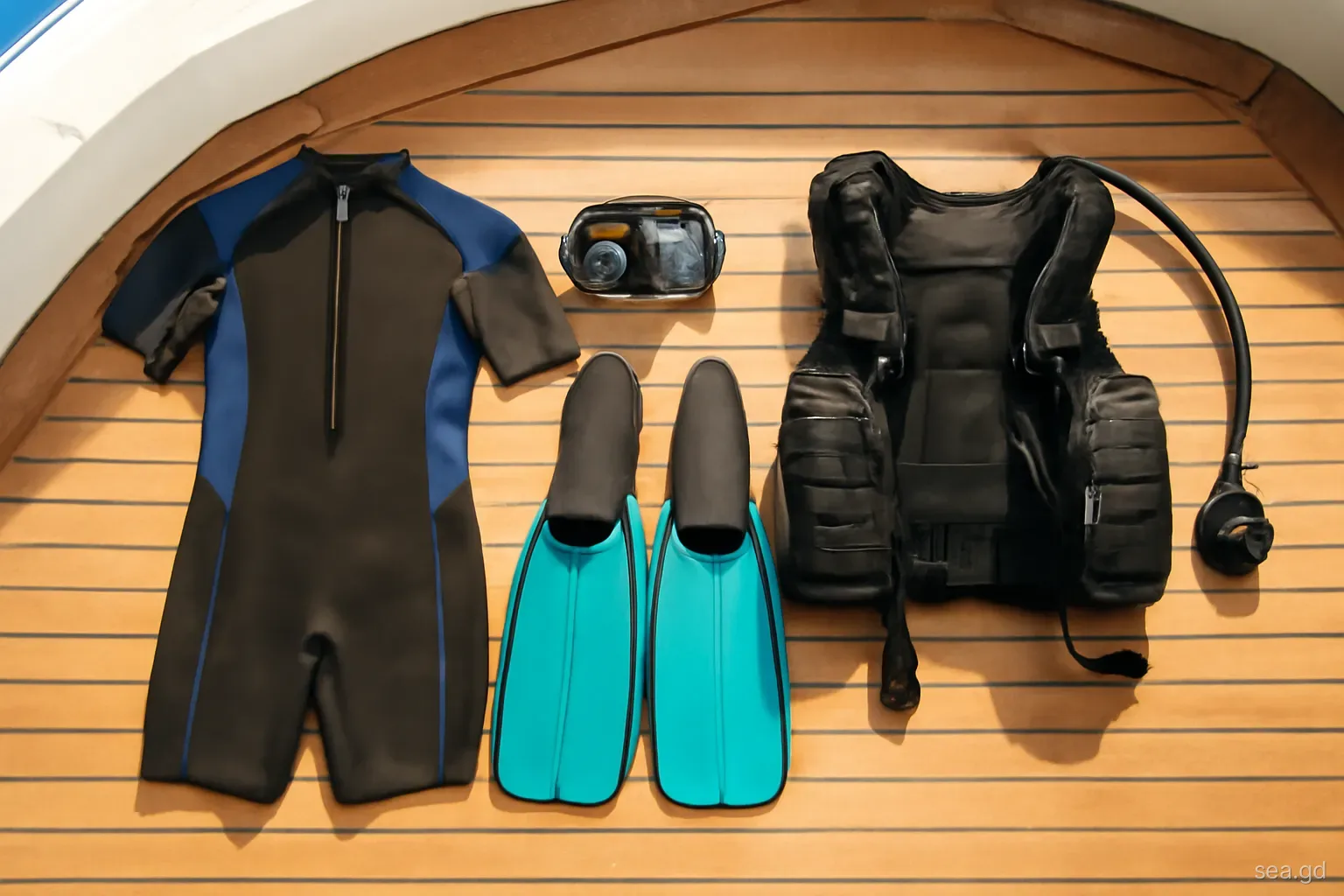 Neatly arranged scuba gear on a wooden dive boat deck in Grenada, wetsuit, mask, fins, regulator and buoyancy jacket in morning sunlight, top-down view