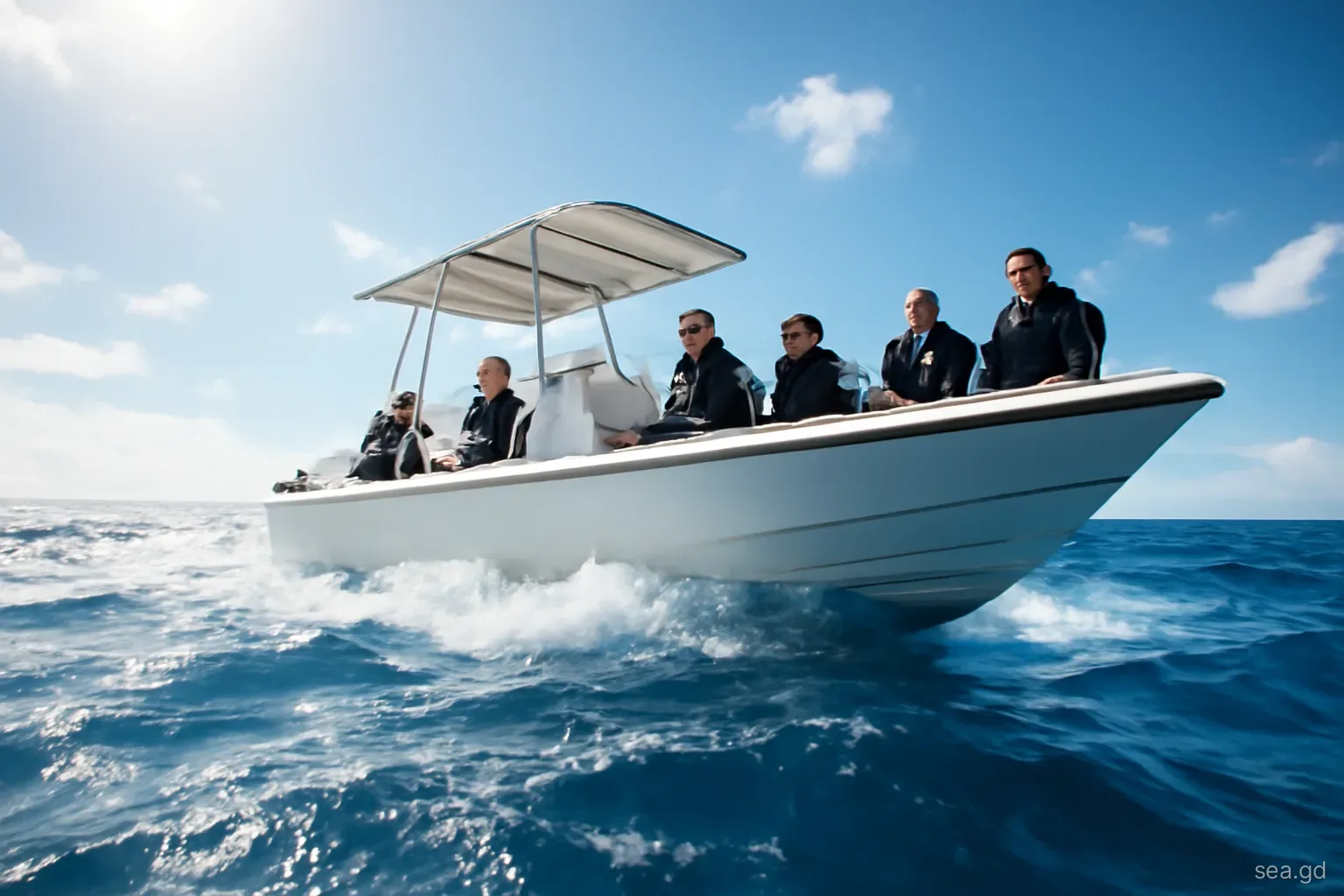 Dive boat bouncing over choppy blue Atlantic swell off Grenada's south-east coast, divers in wetsuits seated along the sides gripping handles, low wide angle, bright sun