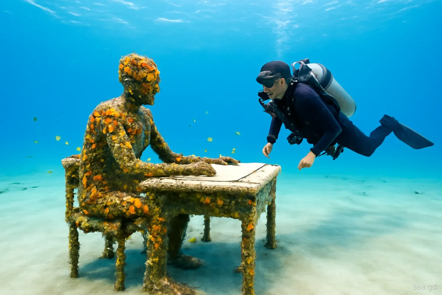 Scuba diver hovering level with a coral-covered concrete figure seated at a desk on sandy seabed in Moliniere Bay, Grenada, small fish around, blue water, side angle