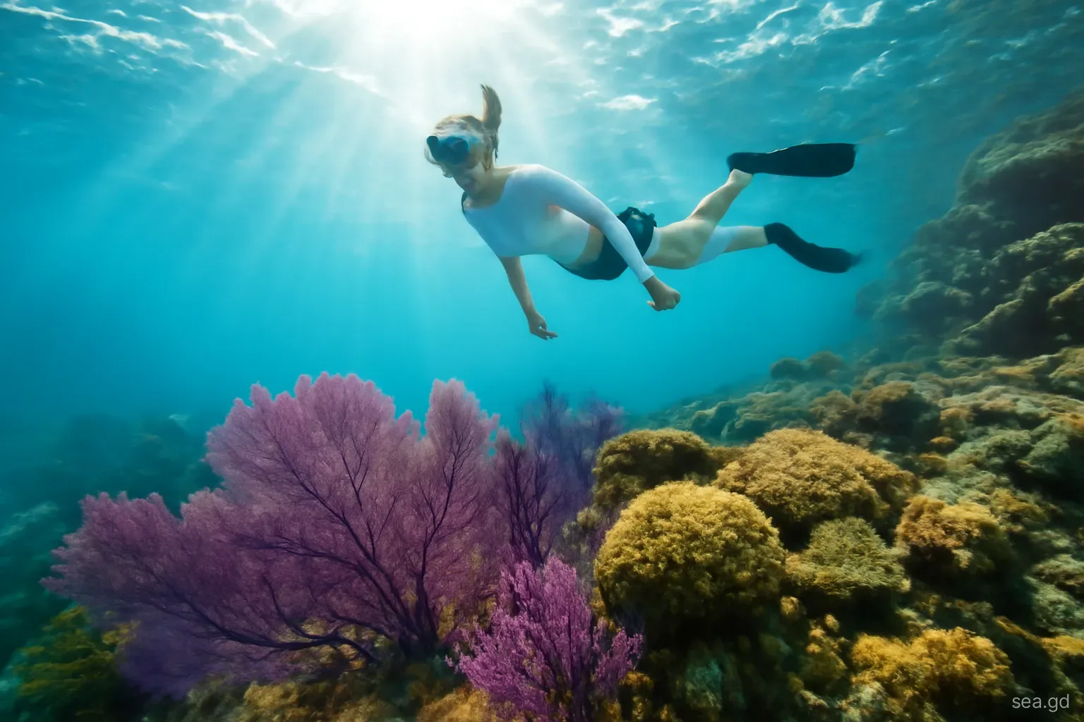 Snorkeller floating above purple sea fans and boulder coral along a steep rocky shoreline at Flamingo Bay, Grenada, seen from just below the surface, sunbeams