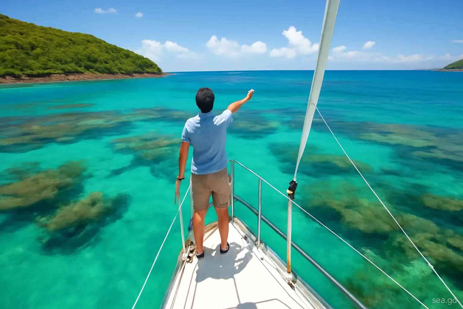 Crew member standing on the bow pulpit of a cruising yacht pointing at turquoise and brown reef patches, entering a south coast Grenada bay, overhead midday sun