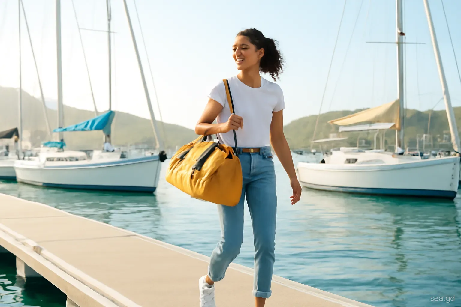 Young woman with a duffel bag walking along a floating marina pontoon in Grenada past moored sailing yachts, morning light, eye-level tracking shot
