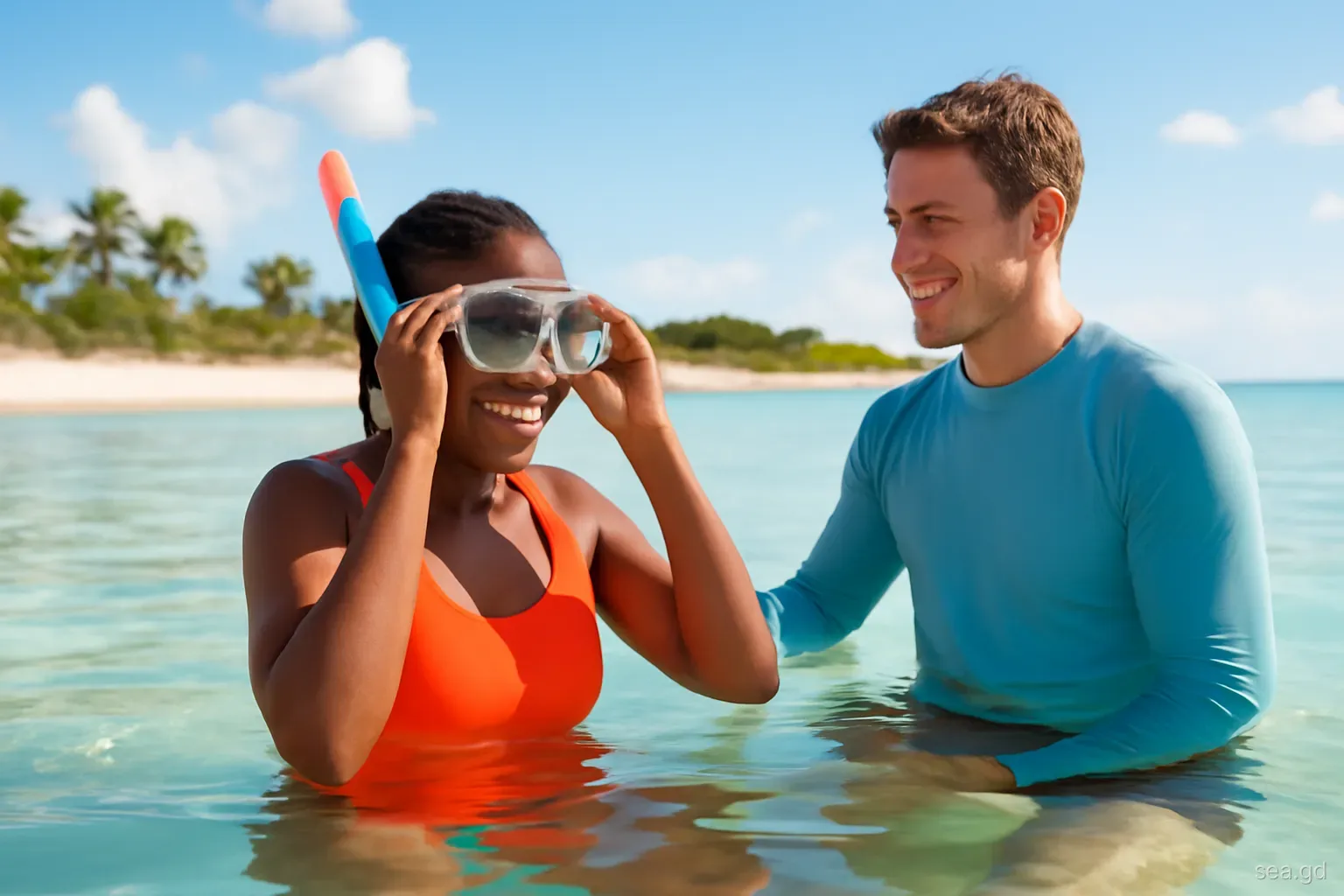 Instructor standing waist-deep beside a smiling adult beginner adjusting a mask in clear shallow water, Paradise Beach, Carriacou, side angle, gentle late-morning light