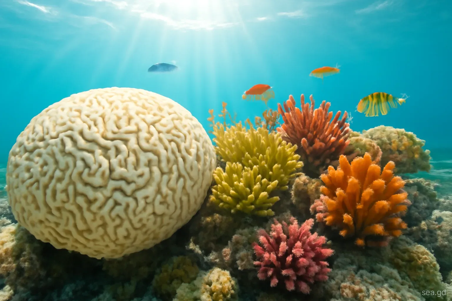 Close underwater view of a partly bleached brain coral beside healthy colourful corals and small reef fish off Grenada, shafts of sunlight, shallow clear water