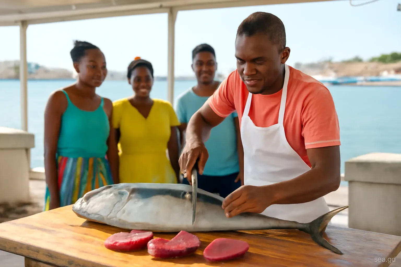 Fishmonger cutting a yellowfin tuna into steaks on a wooden table at an open-air waterfront fish market in Gouyave, Grenada, customers watching, morning side light