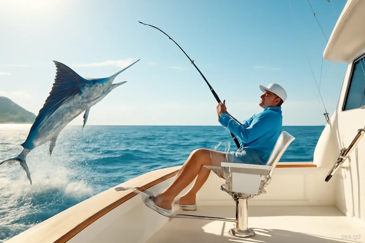 Angler in a fighting chair leaning back against a bent rod as a sailfish leaps behind a sportfishing boat off Grenada's west coast, wide shot, morning sun