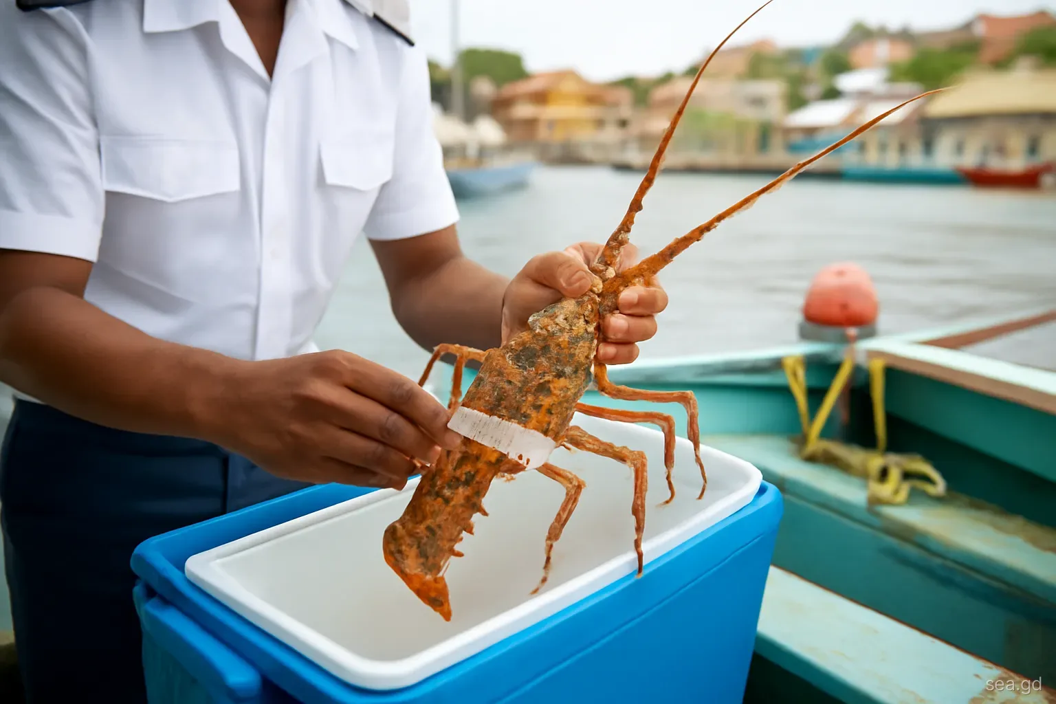 Fisheries officer measuring a spiny lobster held over a blue cooler on a fishing pirogue at a small Grenada harbour, close-up of hands, bright overcast light