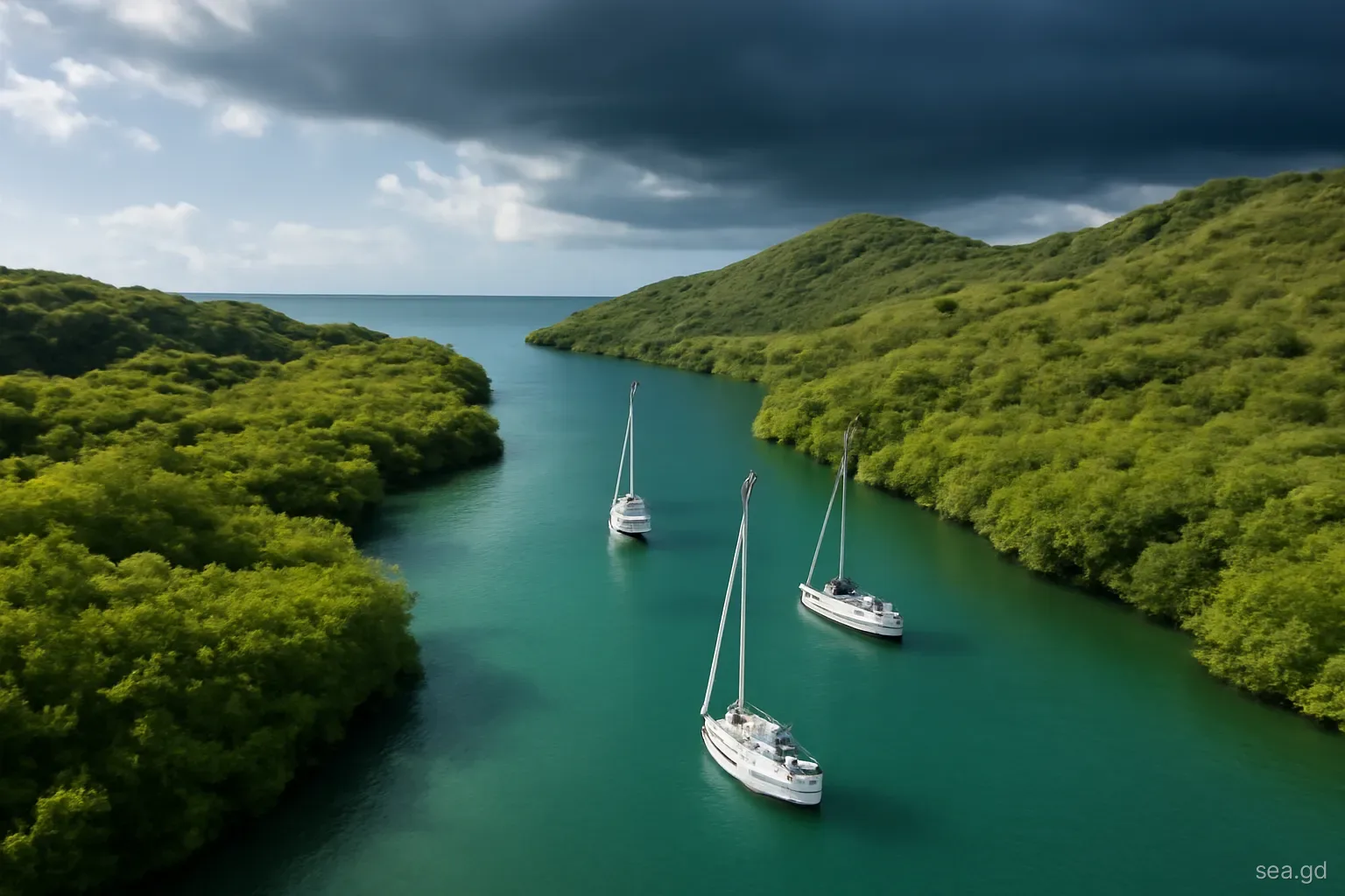 Drone view of a narrow mangrove-fringed inlet on Grenada's south coast with three sailboats lying to multiple anchors, green hills around, dark storm clouds approaching, dramatic side light