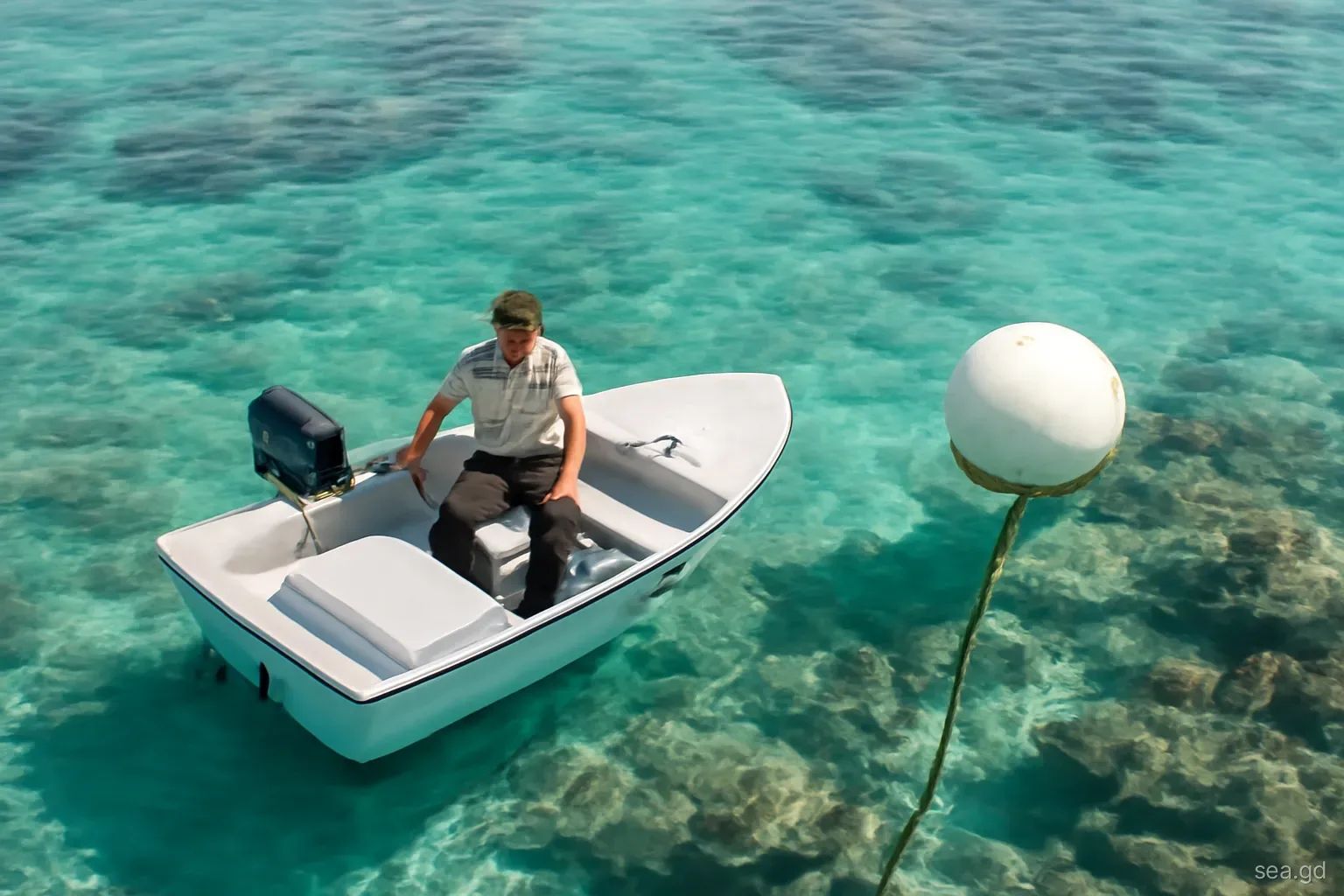 Park ranger in a small patrol boat beside a white mooring buoy above a shallow coral reef off Carriacou, clear turquoise water, drone view from above