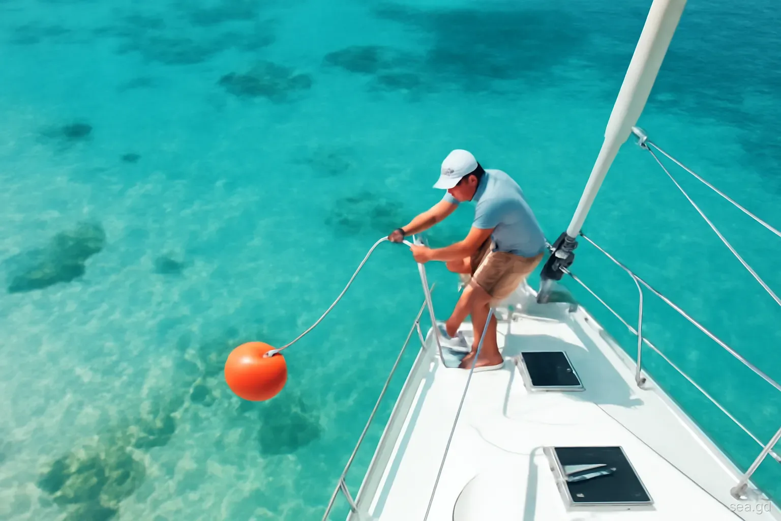 Sailor on the bow of a monohull yacht threading a mooring line through a buoy pennant above sand and coral off Sandy Island, Carriacou, overhead view, morning