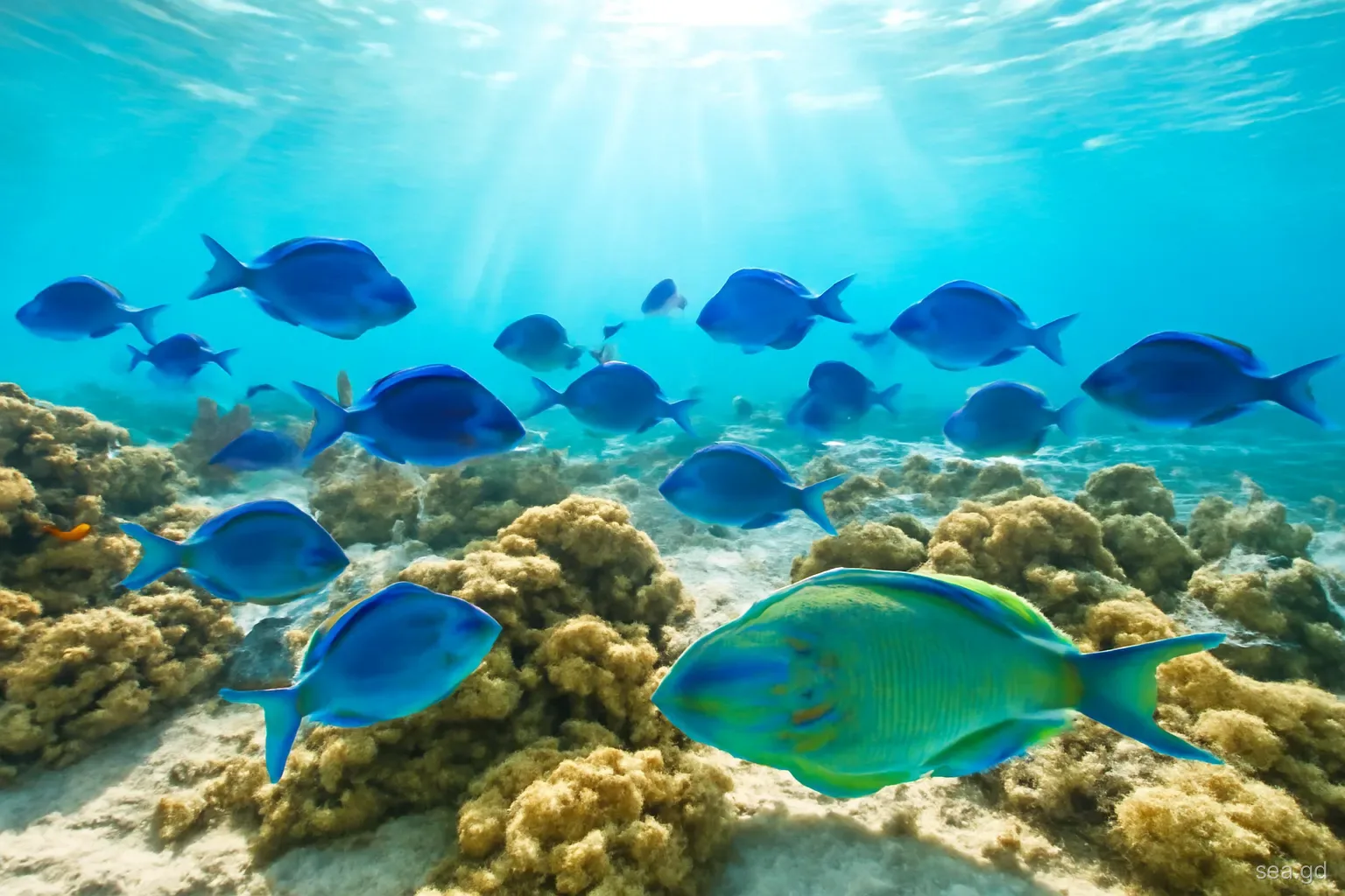 Underwater view of a school of blue tang and a green stoplight parrotfish grazing over coral heads on a shallow Grenada reef, sunbeams from above