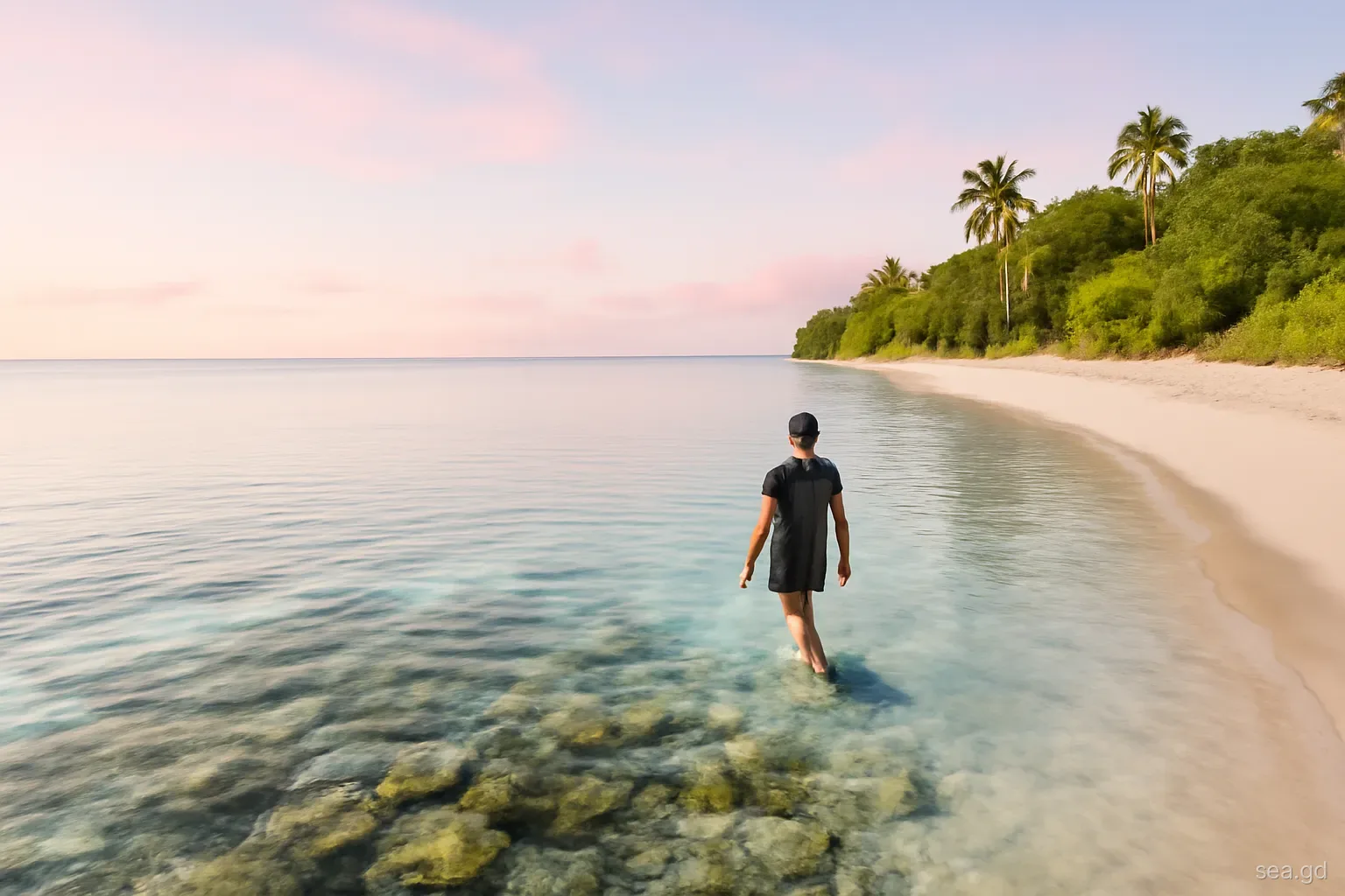 Wide view of glassy calm water over a shallow reef at dawn, a lone snorkeller entering from a pale beach on Grenada's leeward coast, soft pink sky