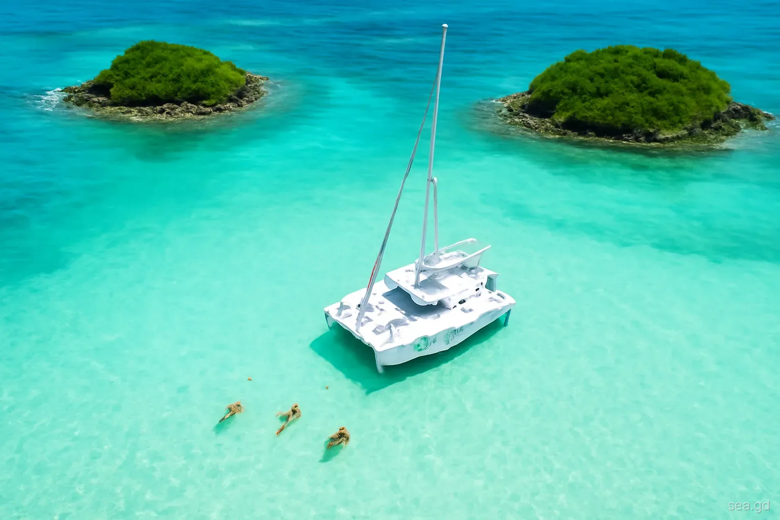 Catamaran anchored in turquoise shallows between small green islets of the Southern Grenadines, aerial view from above, crew swimming, bright midday light