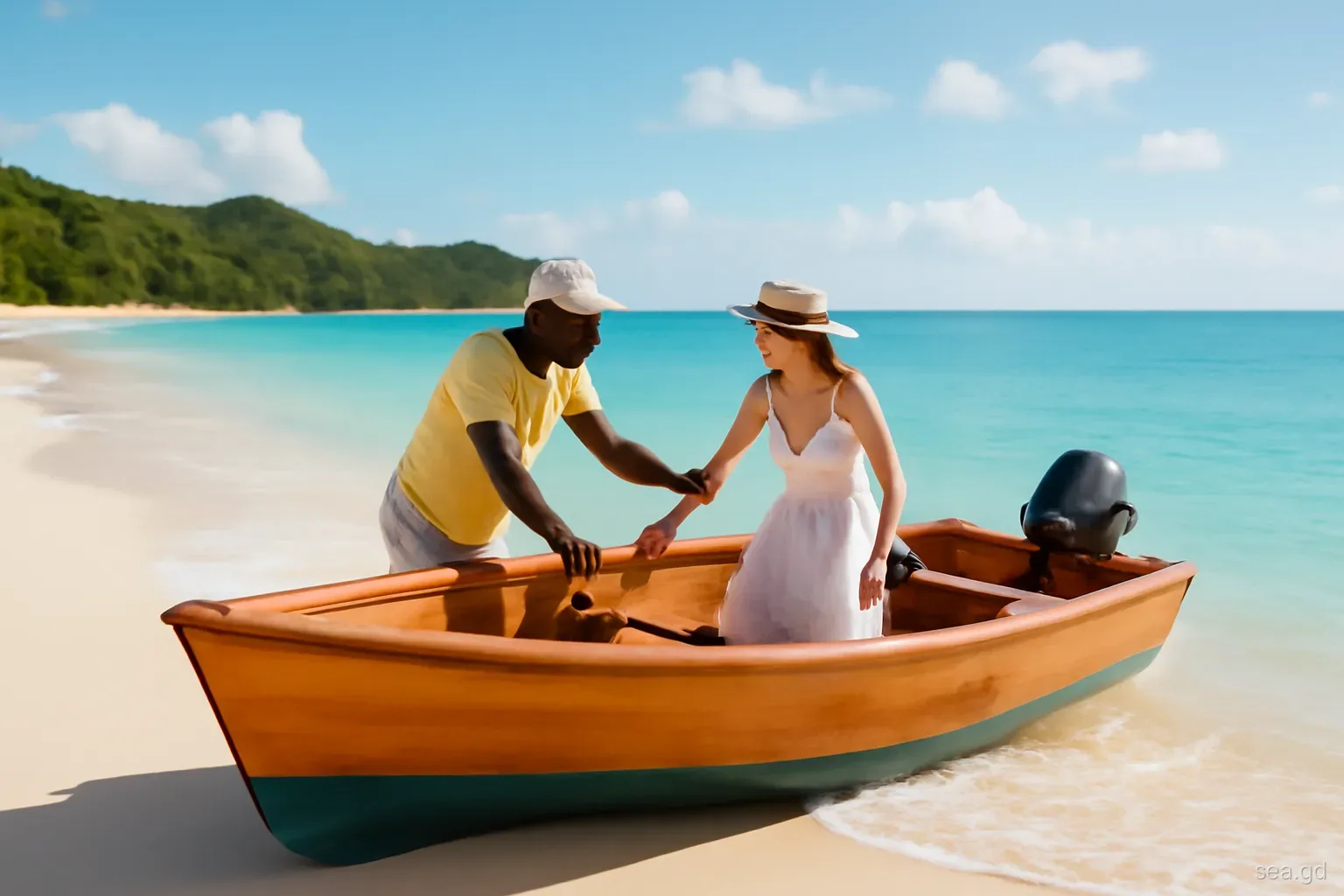 Small open wooden pirogue with an outboard motor pulled up on the white sand of Grand Anse beach, boatman helping a visitor aboard, morning light, eye-level
