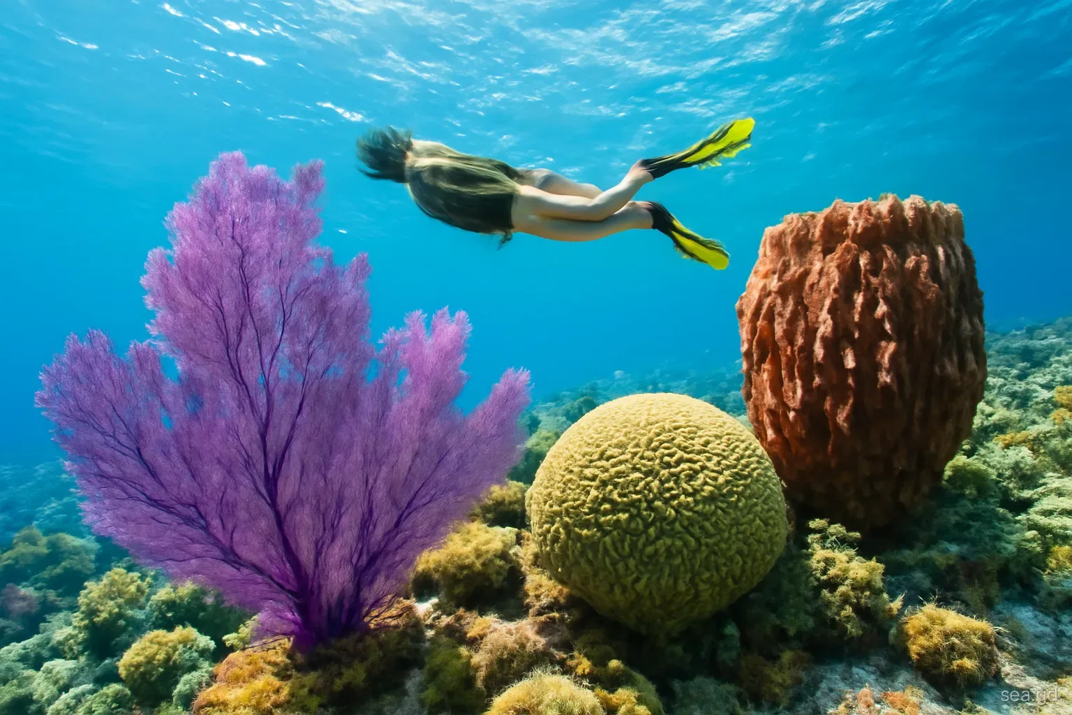 Wide underwater view of purple sea fans swaying beside large brain corals and a tall barrel sponge on a sunny Grenada reef slope, snorkeller floating above