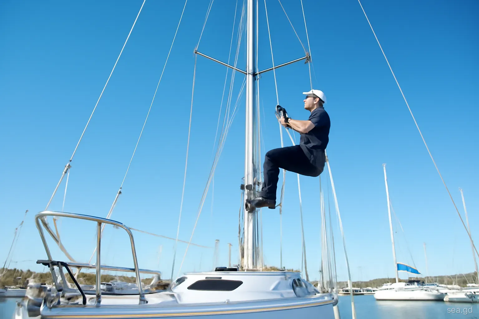 Rigger in a bosun's chair halfway up the aluminium mast of a white sloop at a south coast marina, seen from deck level looking upward, blue sky, crisp morning light