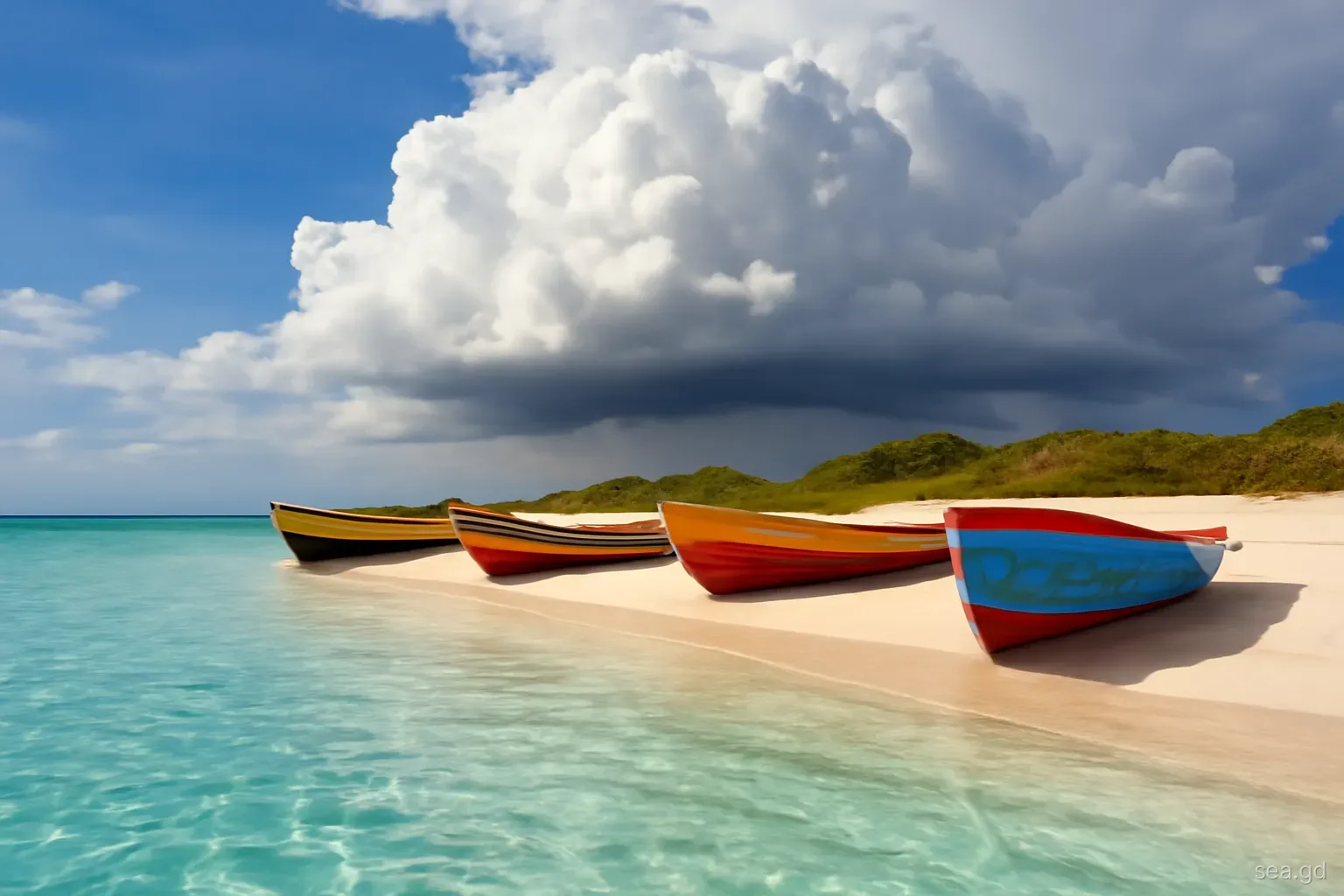 Weathered wooden fishing pirogues pulled up on a Carriacou beach under a towering grey and white storm cloud, calm turquoise water in front, wide angle from the waterline