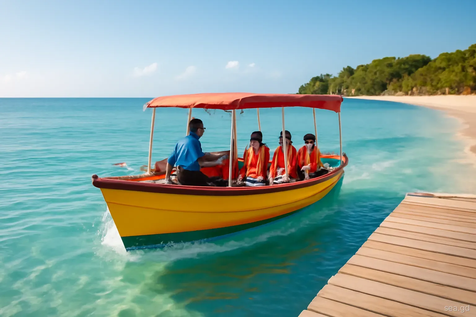 Colourful wooden water taxi with a canopy pulling away from a jetty on Grand Anse beach, Grenada, passengers in life jackets, turquoise water, morning sunlight