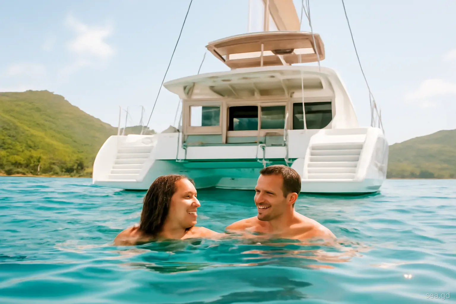 Couple swimming off the stern of a catamaran in a calm south coast Grenada bay on a hot hazy summer afternoon, green hills behind, viewed from water level