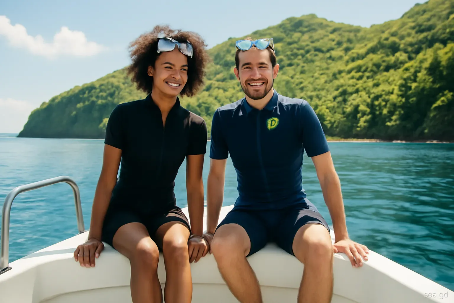 Two snorkellers resting on the stern of a small boat moored in calm Moliniere Bay, Grenada, masks pushed up, green cliffs and blue water behind, late morning