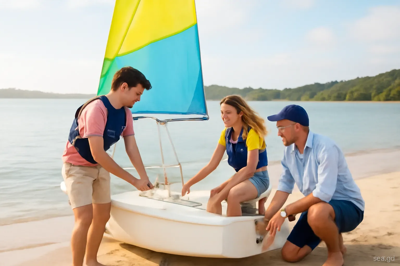 Two teenagers rigging a small sailing dinghy on a sandy slipway in St George's Lagoon, Grenada, instructor kneeling beside them, soft early light