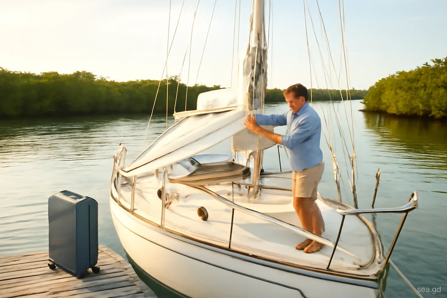 Owner fitting a fabric sunshade over the cockpit of a ketch moored in a quiet mangrove-lined south coast bay, suitcase on the dock, seen from the bow, soft evening light