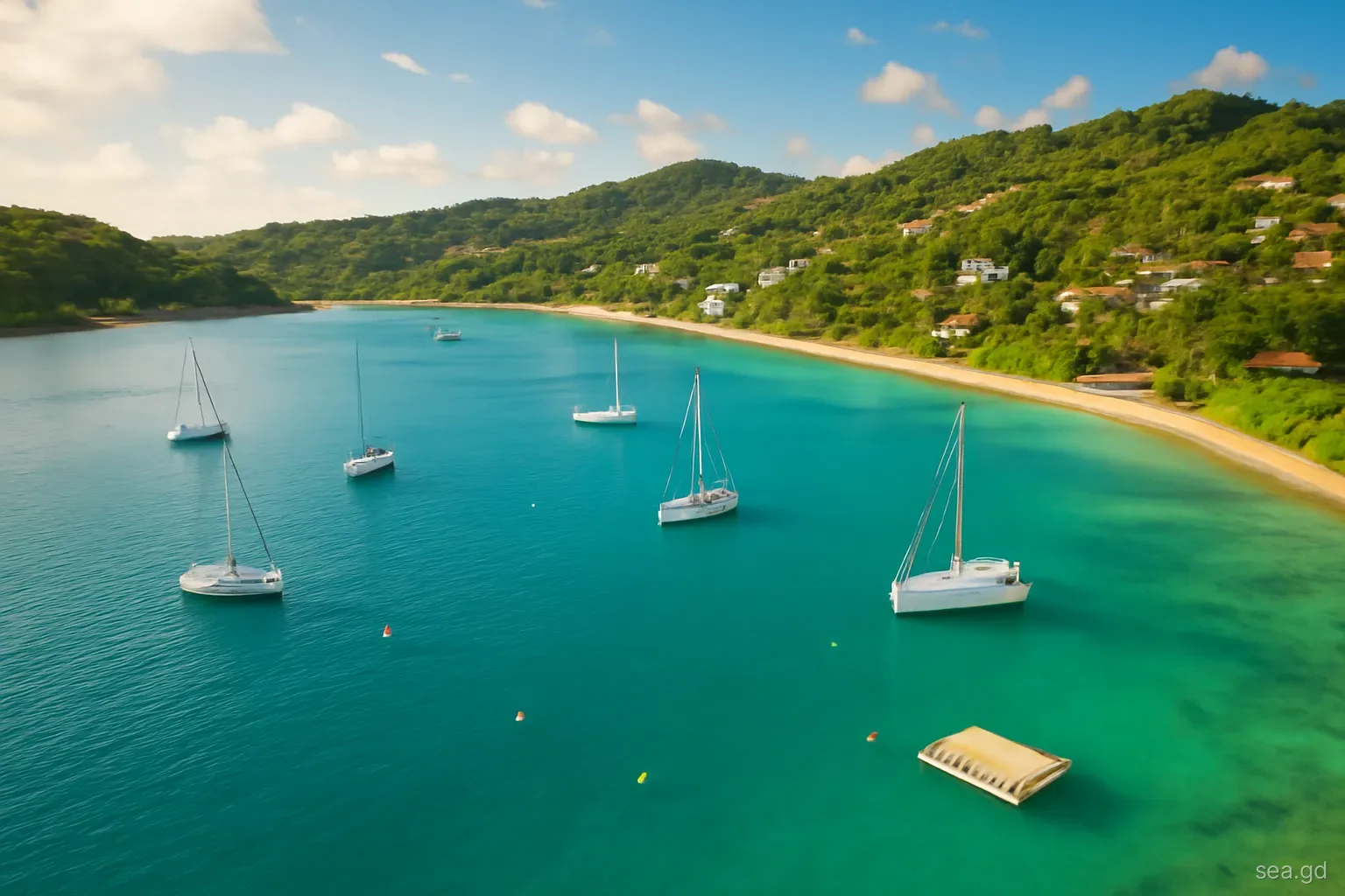 Aerial view of a sheltered south coast bay in Grenada with sailboats at anchor, a row of mooring buoys and a small marina pontoon, turquoise shallows, late afternoon light
