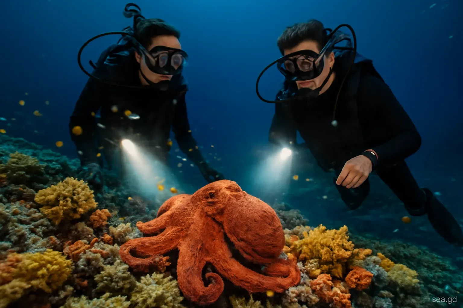 Two divers with torches illuminating an octopus spread across coral at night on a Grenada reef, beams cutting through dark water, small fish caught in the light