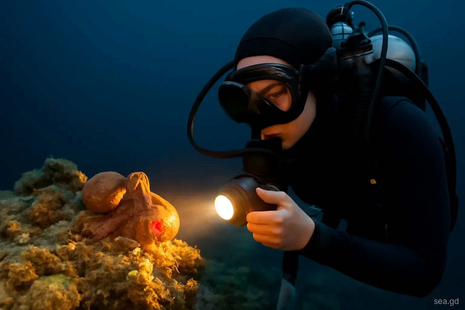 Diver with a torch beam illuminating a small octopus on a coral rock during a night dive in Grenada, close side angle, dark water, warm torchlight