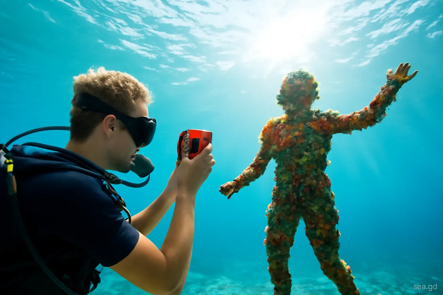 Underwater photographer with a small camera and red filter shooting upward at a coral-covered figure silhouetted against the bright surface in Moliniere Bay, Grenada