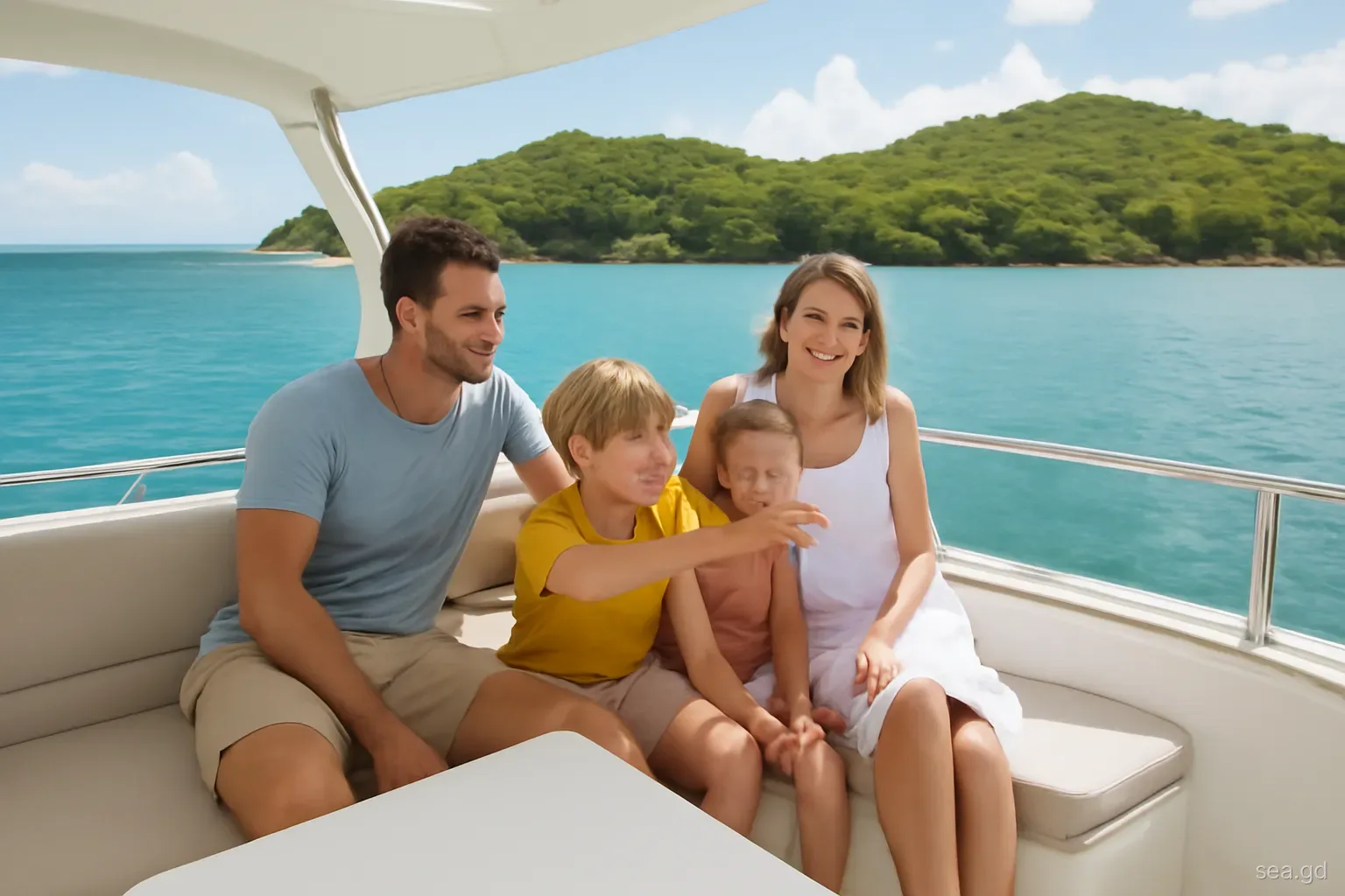 Small family of four relaxing on the shaded deck of a private motor yacht anchored off a green Grenada headland, child pointing at the water, high angle