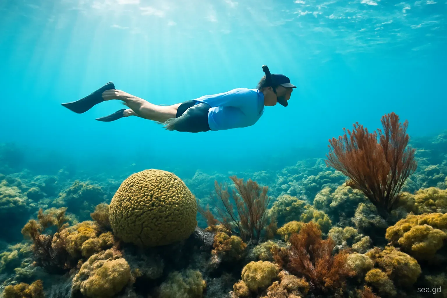 Snorkeller in a long-sleeved rash vest floating horizontally above a colourful shallow reef with brain coral and sea fans off Grenada, sunlight rays, underwater wide shot