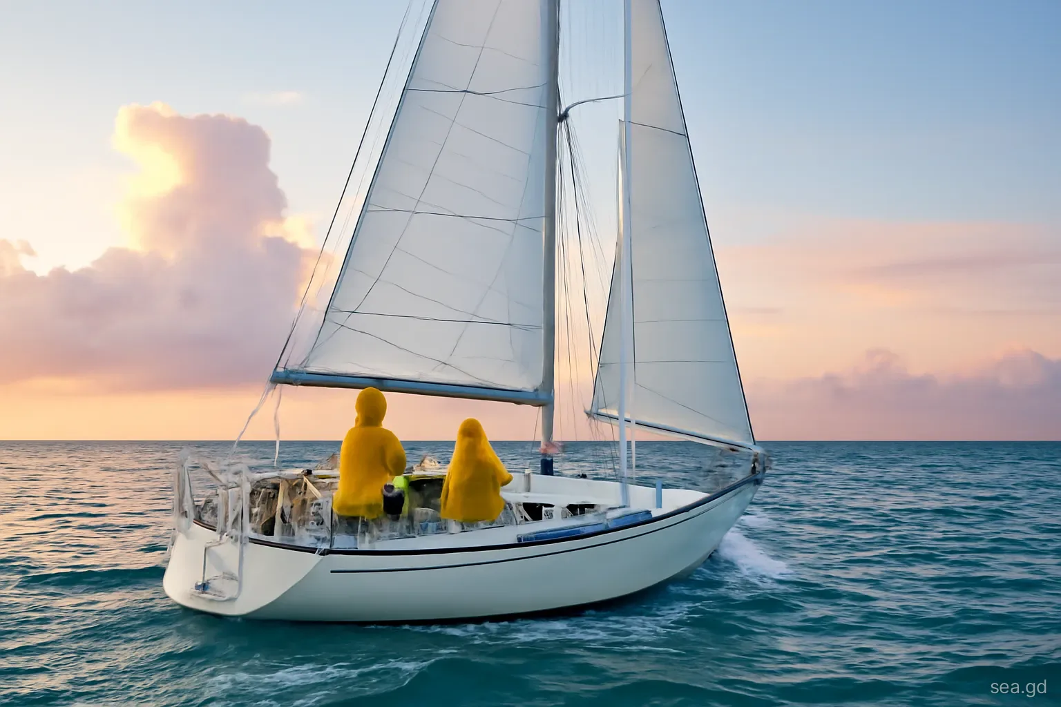 Sloop under reefed main and staysail heading south at dusk from Grenada's south coast, distant thunderheads behind, crew in foul-weather jackets at the helm, viewed from astern