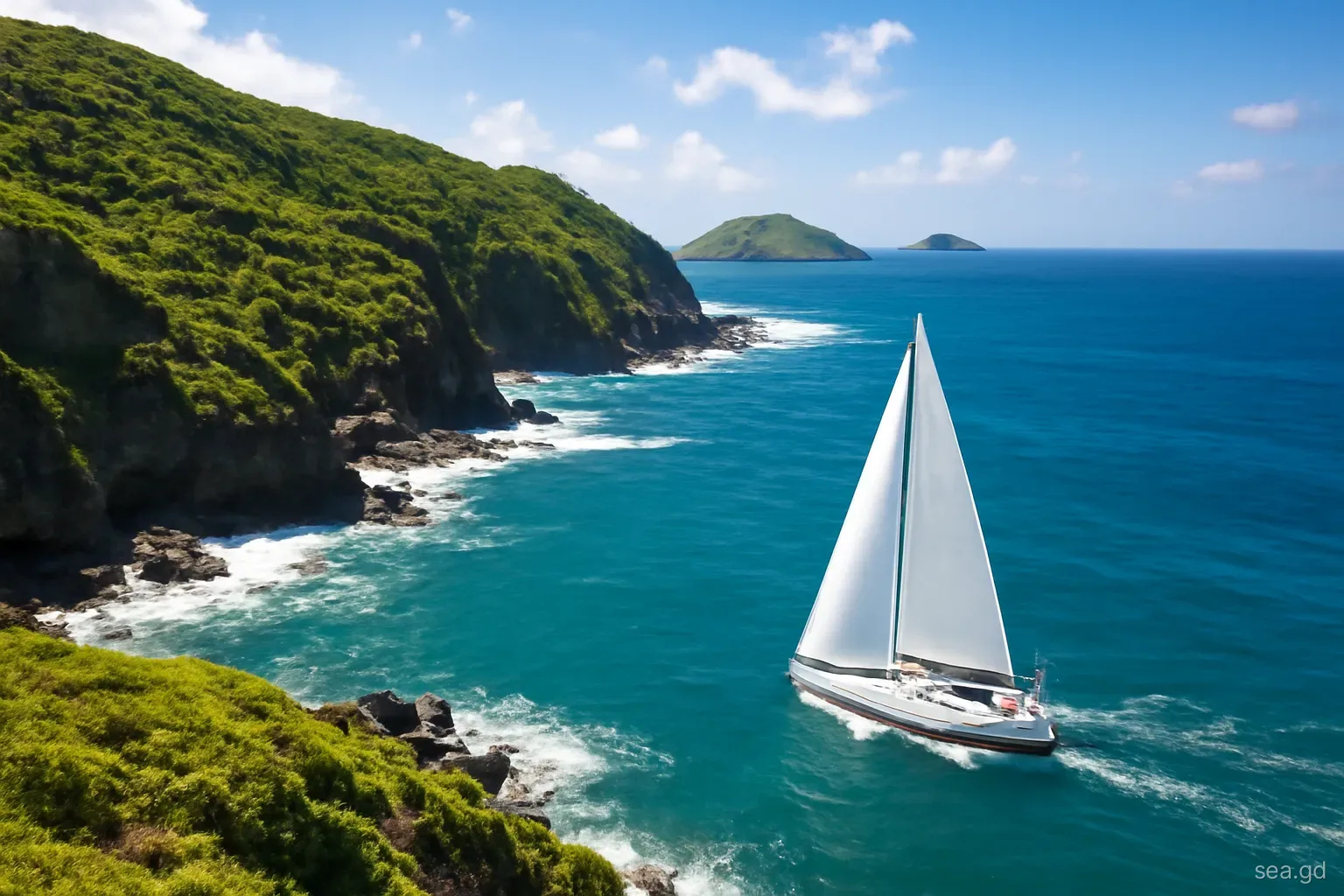 Sailing yacht beating offshore past rugged green cliffs and surf on Grenada's windward coast, offshore islets in the distance, elevated angle from a headland, clear morning