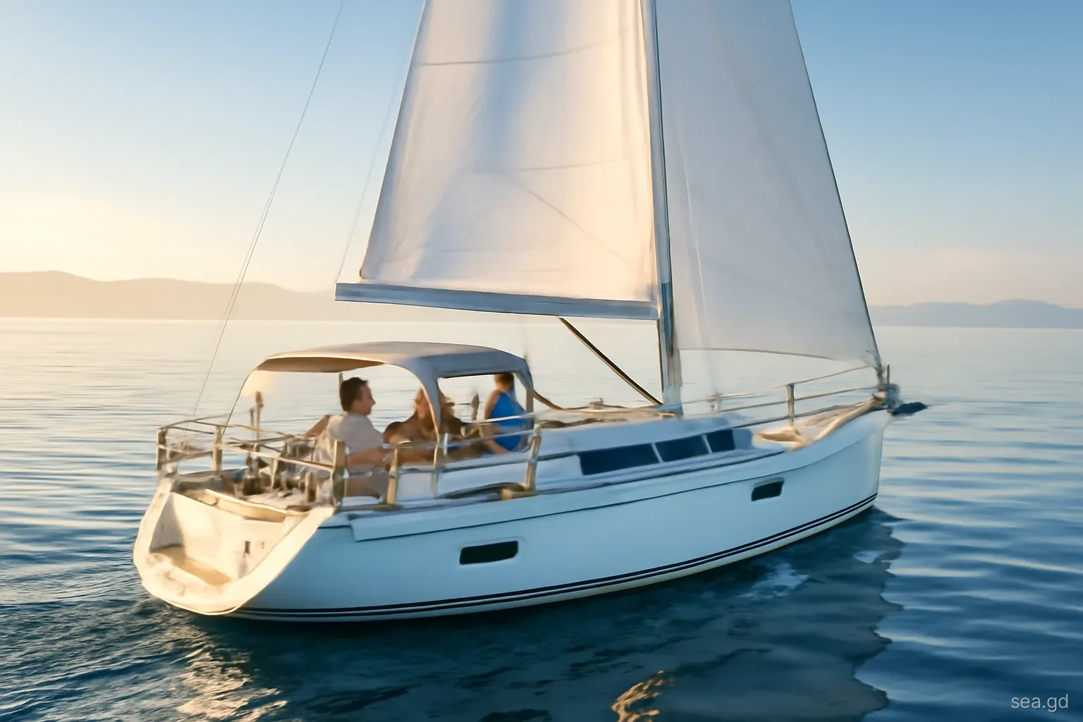 Cruising yacht motor-sailing at dawn on a calm sea south of Grenada, distant hazy mountains on the horizon, crew on watch in the cockpit, wide shot