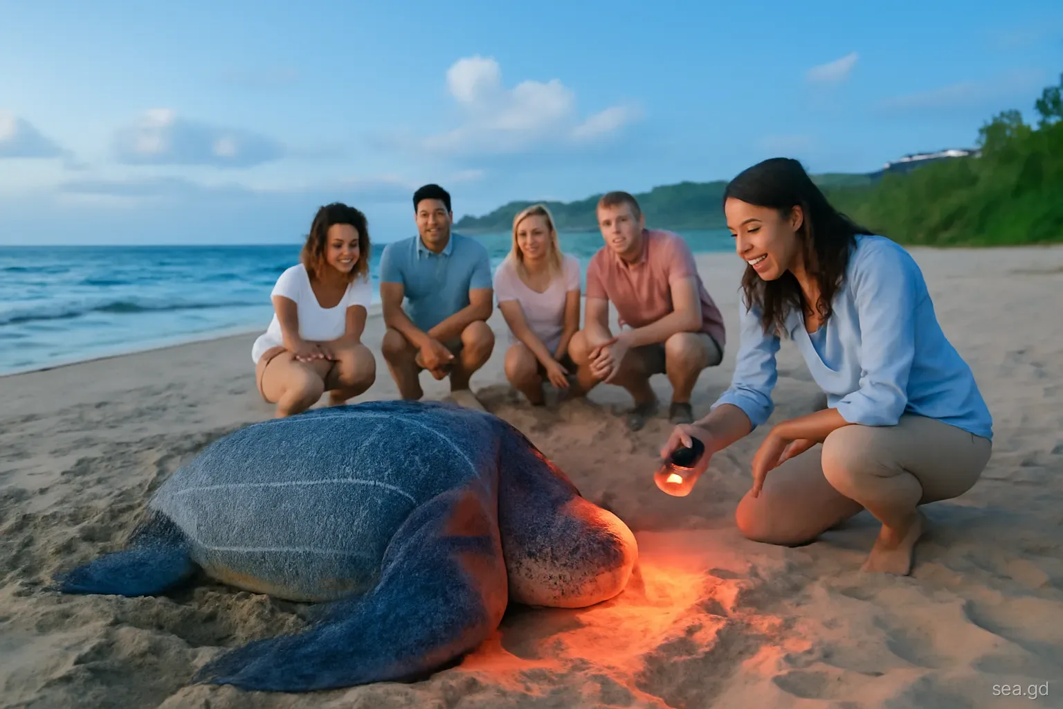 Night scene on a wide Atlantic beach in St Patrick, Grenada, a huge leatherback turtle digging a nest under soft red torchlight, small group kneeling at a distance