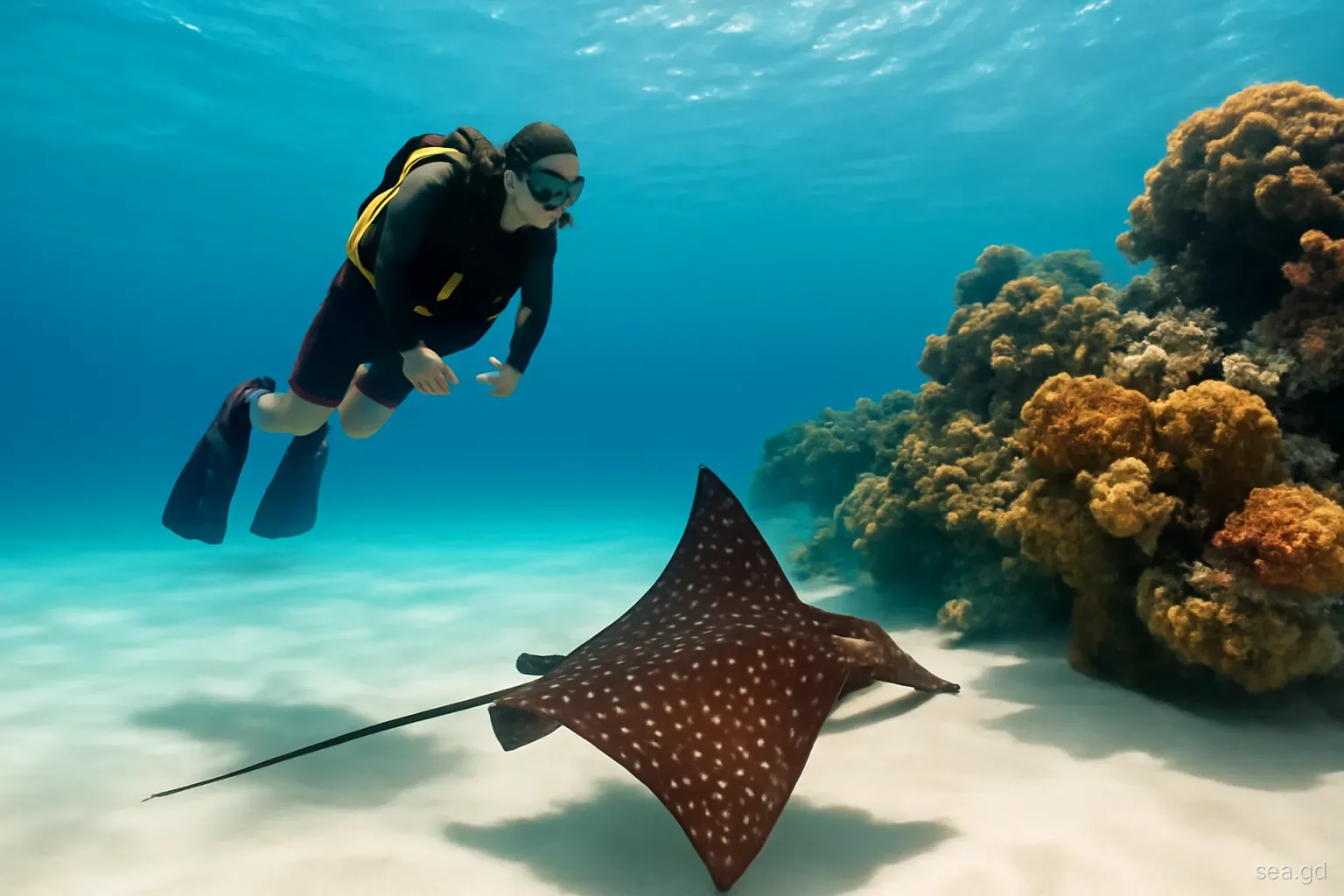 Diver hovering above white sand watching a spotted eagle ray glide past a coral ledge off Grenada, deep blue water, natural light from above