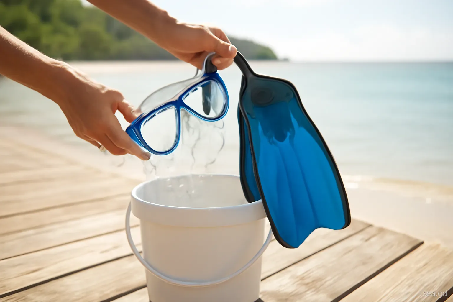 Close-up of hands rinsing a tempered glass mask and short fins in a freshwater bucket on a wooden jetty, Grand Anse in soft morning light