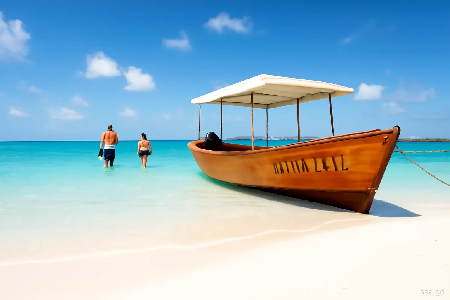 Small wooden water taxi pulled onto a white sand spit with snorkellers wading into pale turquoise water off Sandy Island, Carriacou, low angle from the shallows, midday