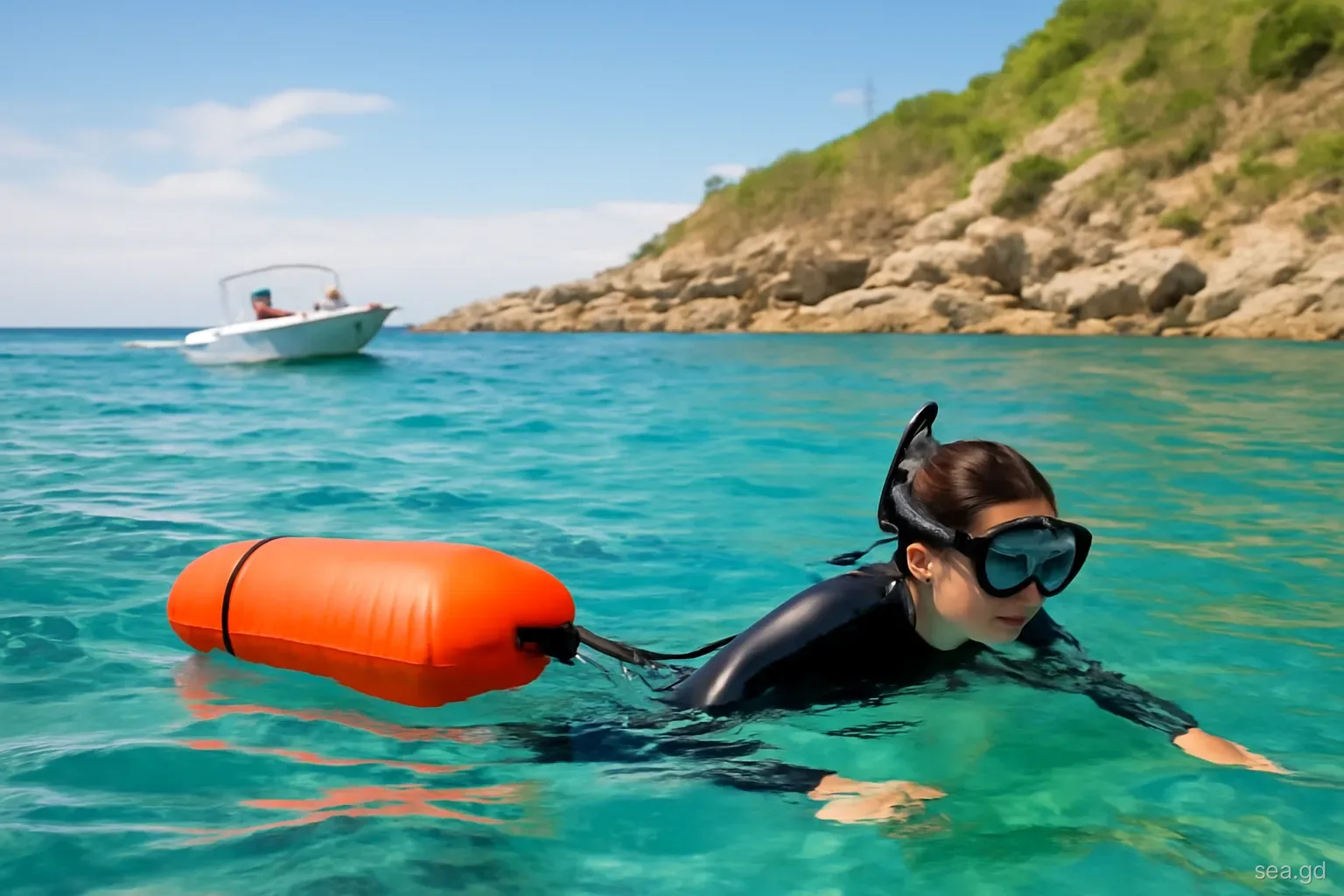 Snorkeller towing a bright orange inflatable buoy along a rocky shoreline as a small dive boat passes at a distance, Grenada west coast, eye-level shot from the water