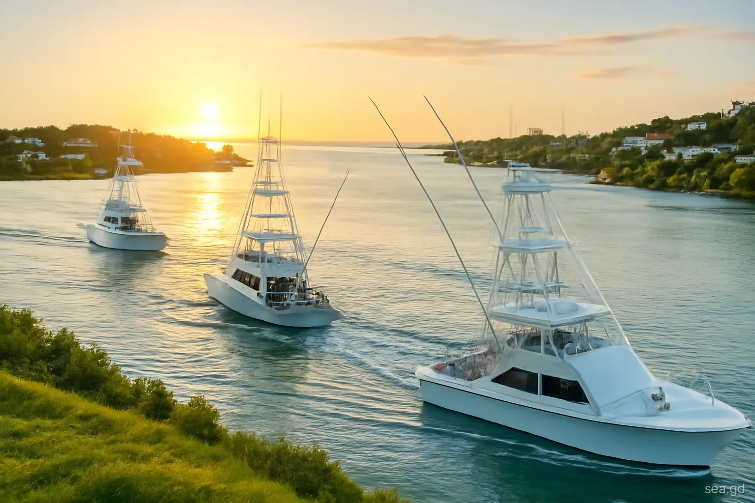 Line of sportfishing boats with tall outriggers heading out of St George's harbour at sunrise, crews readying rods on deck, elevated view from the hillside