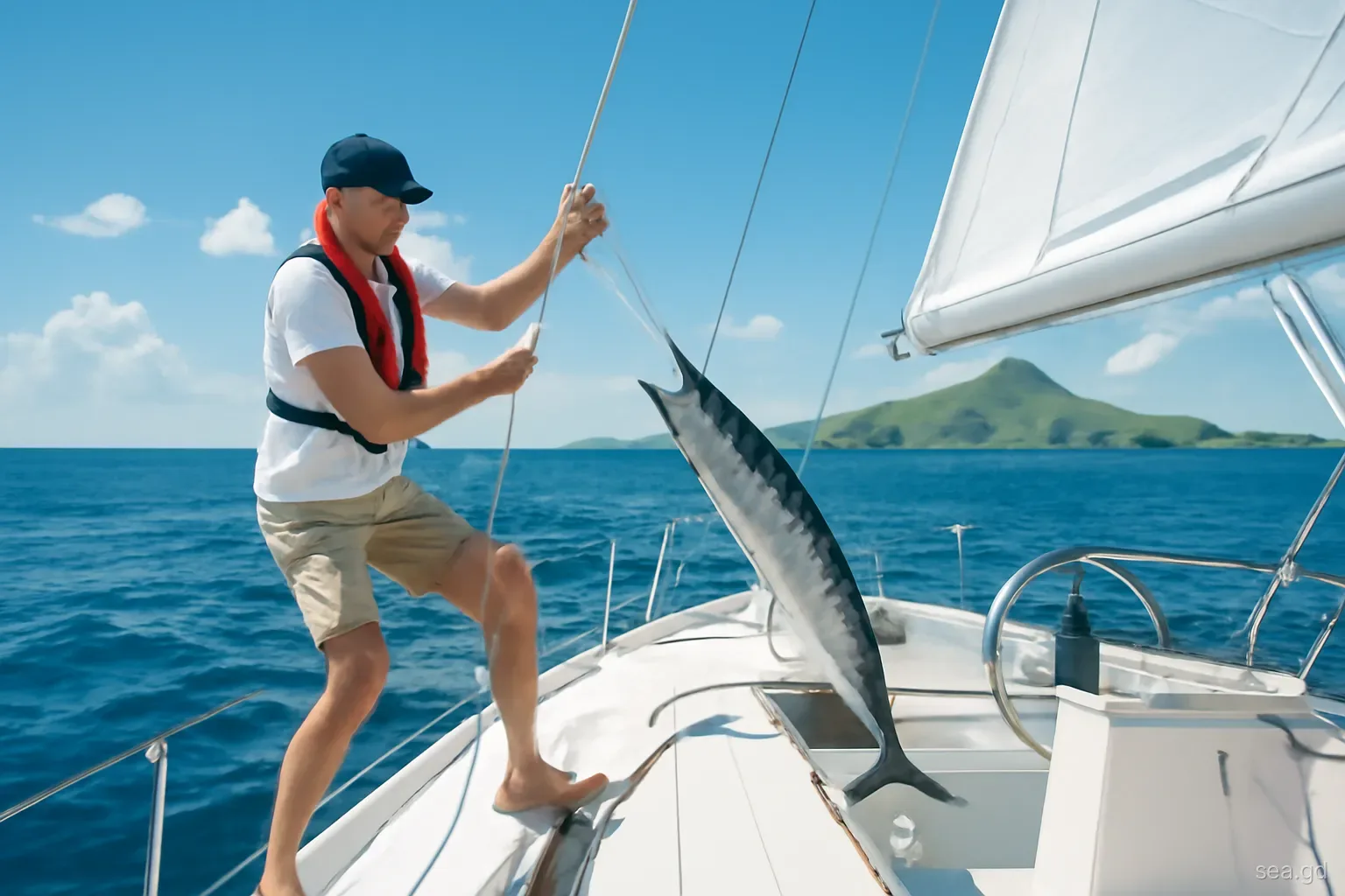 Sailor on a cruising yacht's stern pulling in a wahoo on a handline while the boat sails close-hauled, Isle de Ronde in the distance, Grenada, wide shot, midday
