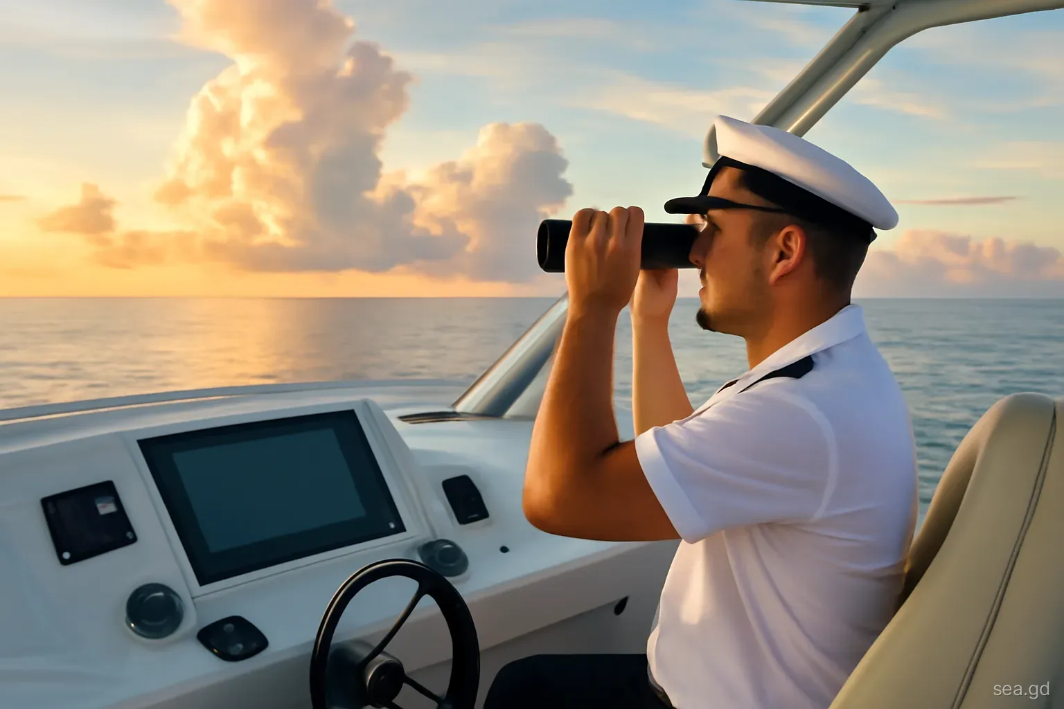 Sailor seated in a cockpit at dawn studying the eastern horizon with binoculars, towering cumulus clouds building over the sea off Grenada's south coast, golden light, wide shot