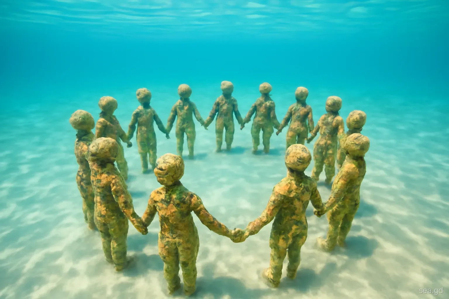 Looking down from the surface at a circle of coral-encrusted child figures holding hands on sandy seabed in Moliniere Bay, Grenada, clear turquoise water, midday light